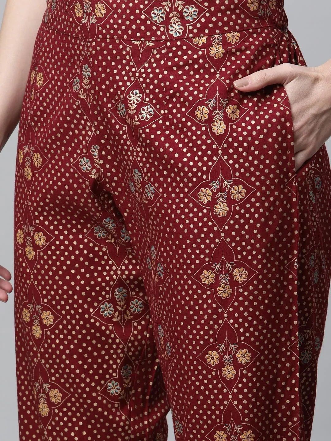 Maroon Rayon Kurta Pant Set With Kota Doria Dupatta