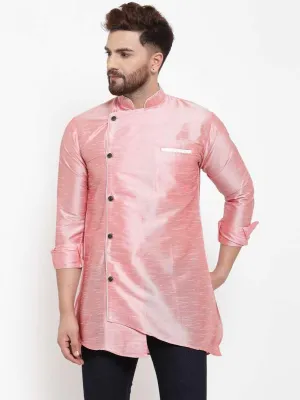 Men's Silk Blend Pink Asymmetrica Short Kurta - Benstoke