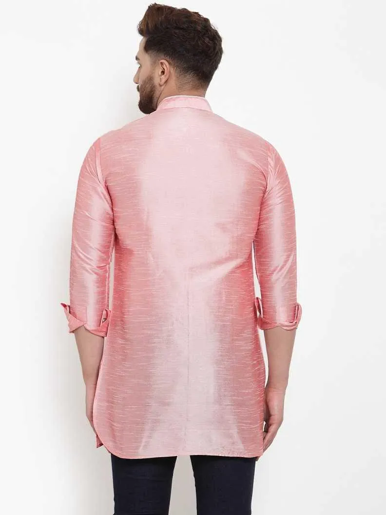 Men's Silk Blend Pink Asymmetrica Short Kurta - Benstoke