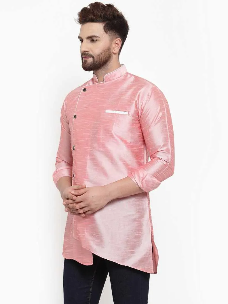 Men's Silk Blend Pink Asymmetrica Short Kurta - Benstoke