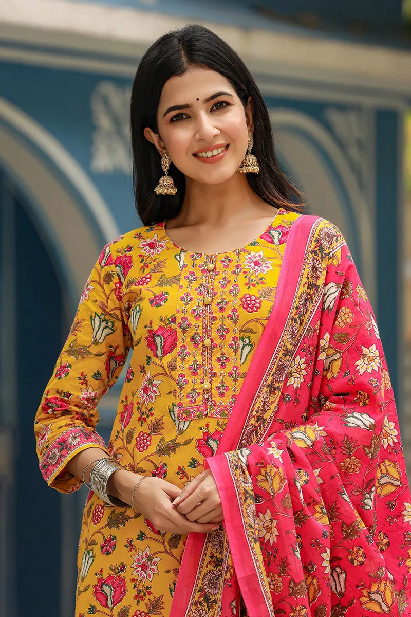 Mustard Rayon Blend Floral Print Suit Set