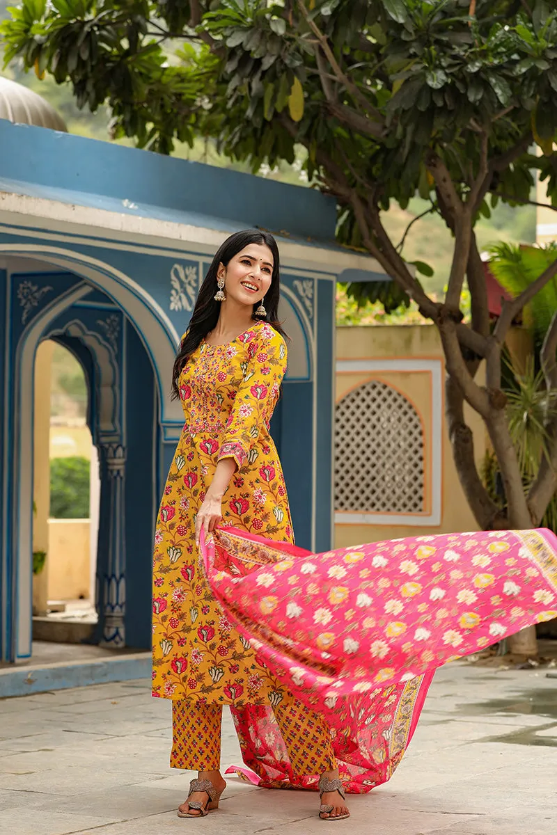 Mustard Rayon Blend Floral Print Suit Set