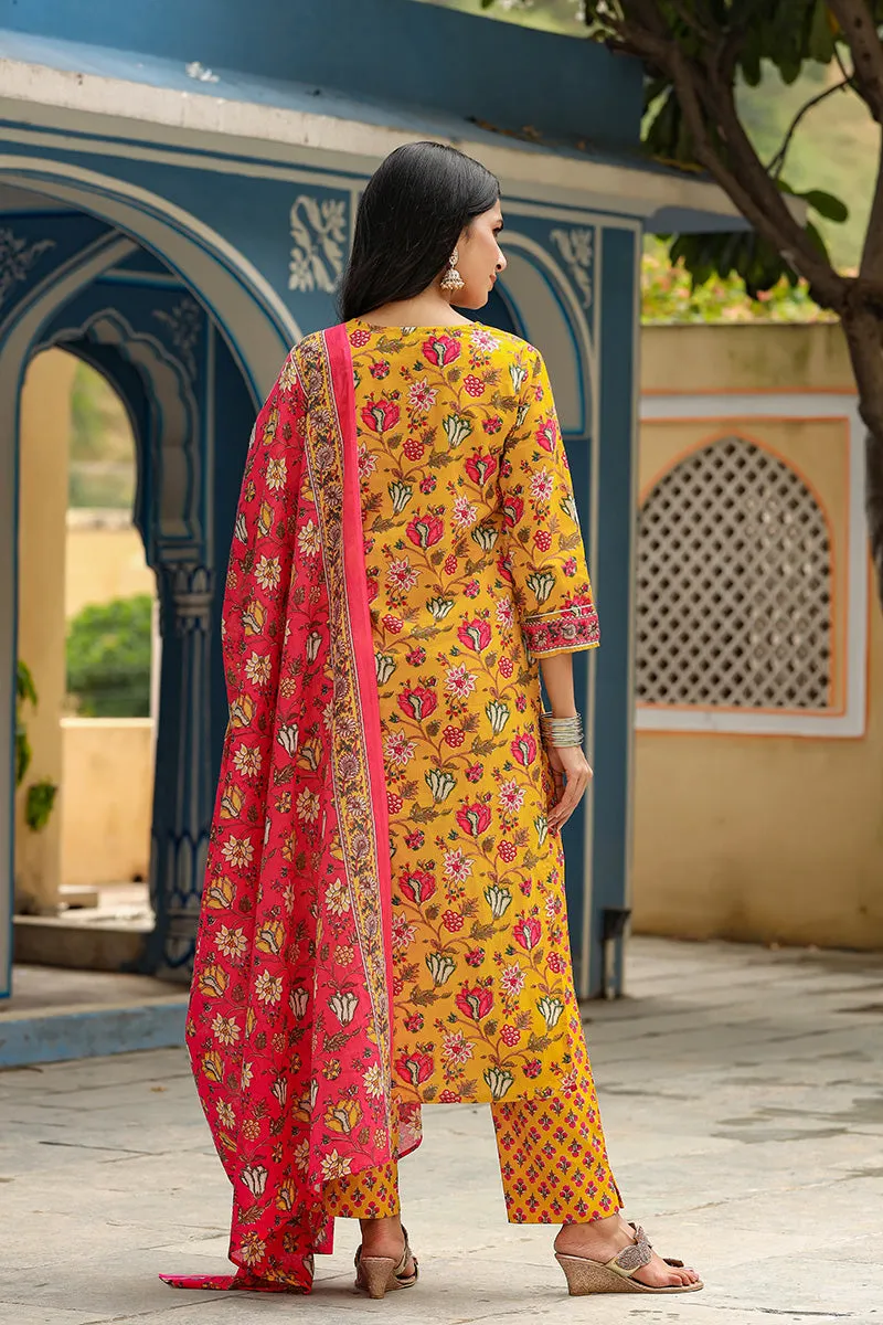 Mustard Rayon Blend Floral Print Suit Set