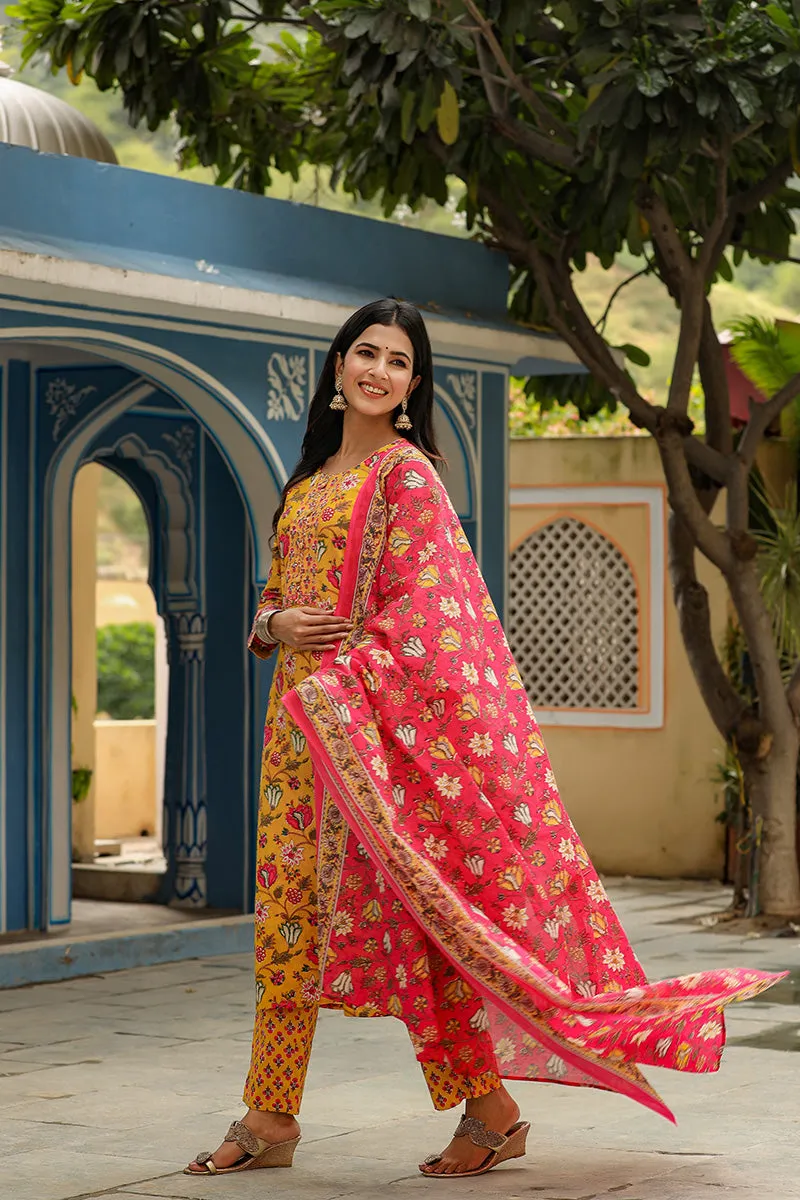 Mustard Rayon Blend Floral Print Suit Set