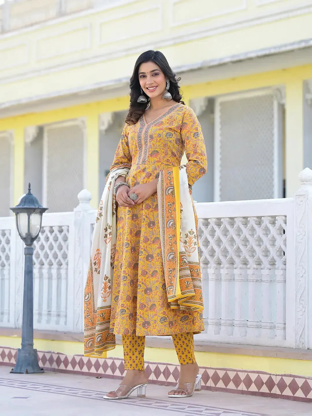 Mustard Yellow Floral Print Anarkali Kurta Trouser And Dupatta Set