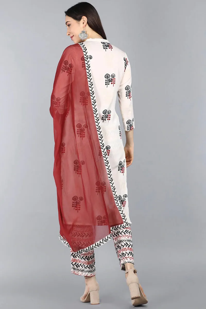 Off-White Poly Crepe Abstract Print Straight Suit Set