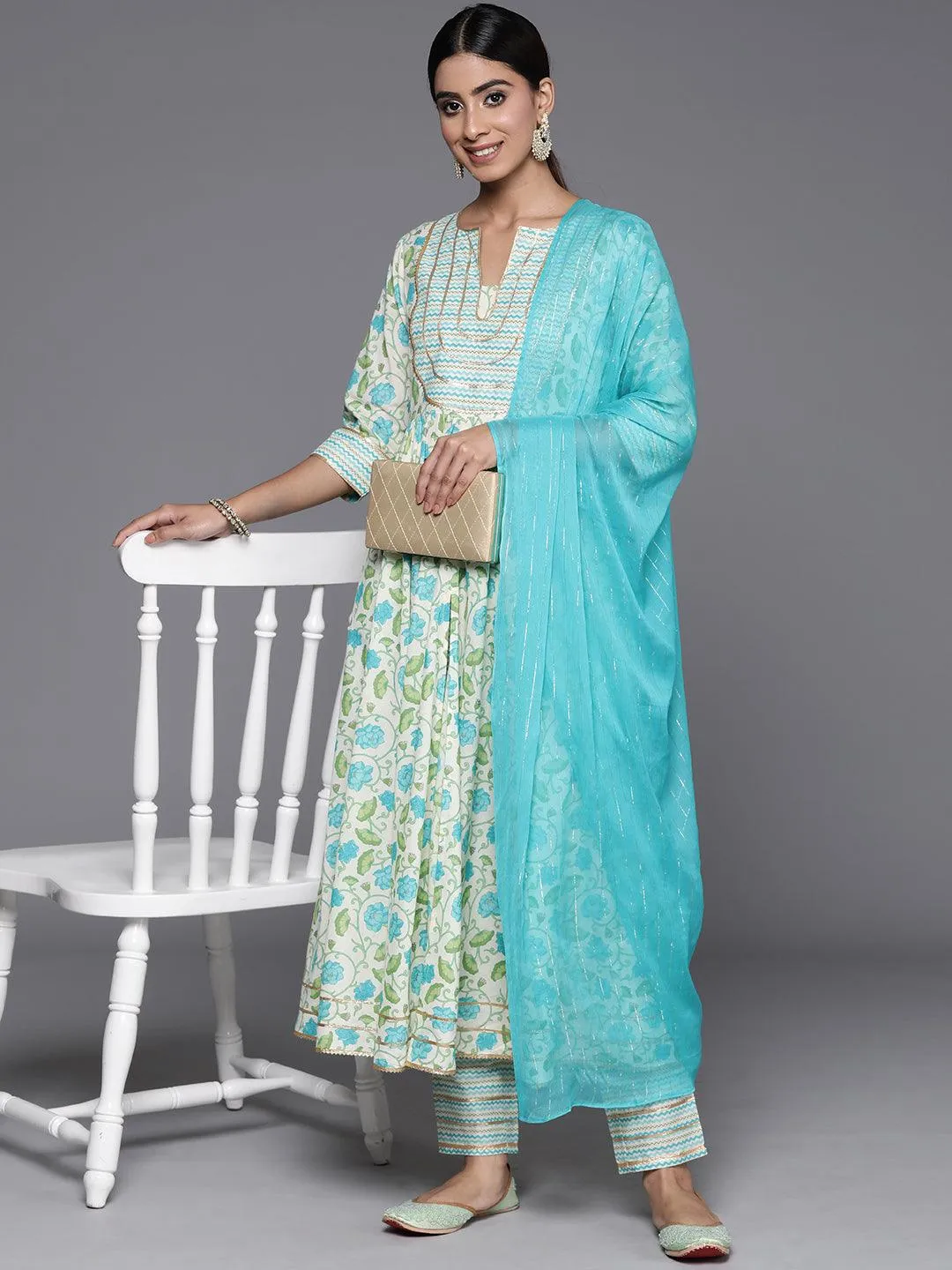 Off White Yoke Design Cotton Anarkali Suit With Dupatta