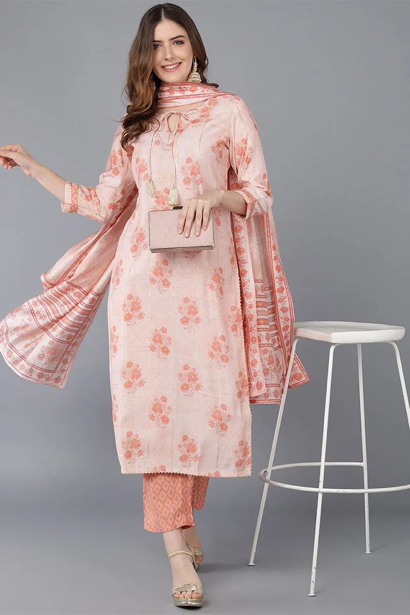 Peach Poly Silk Straight Kurta Pant With Dupatta
