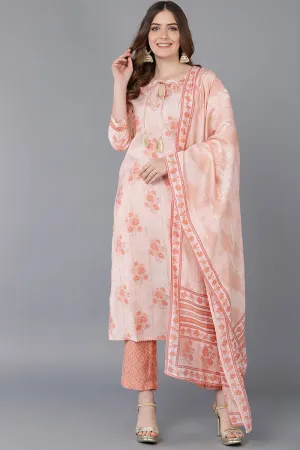 Peach Poly Silk Straight Kurta Pant With Dupatta