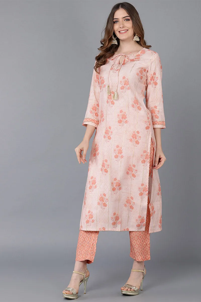 Peach Poly Silk Straight Kurta Pant With Dupatta