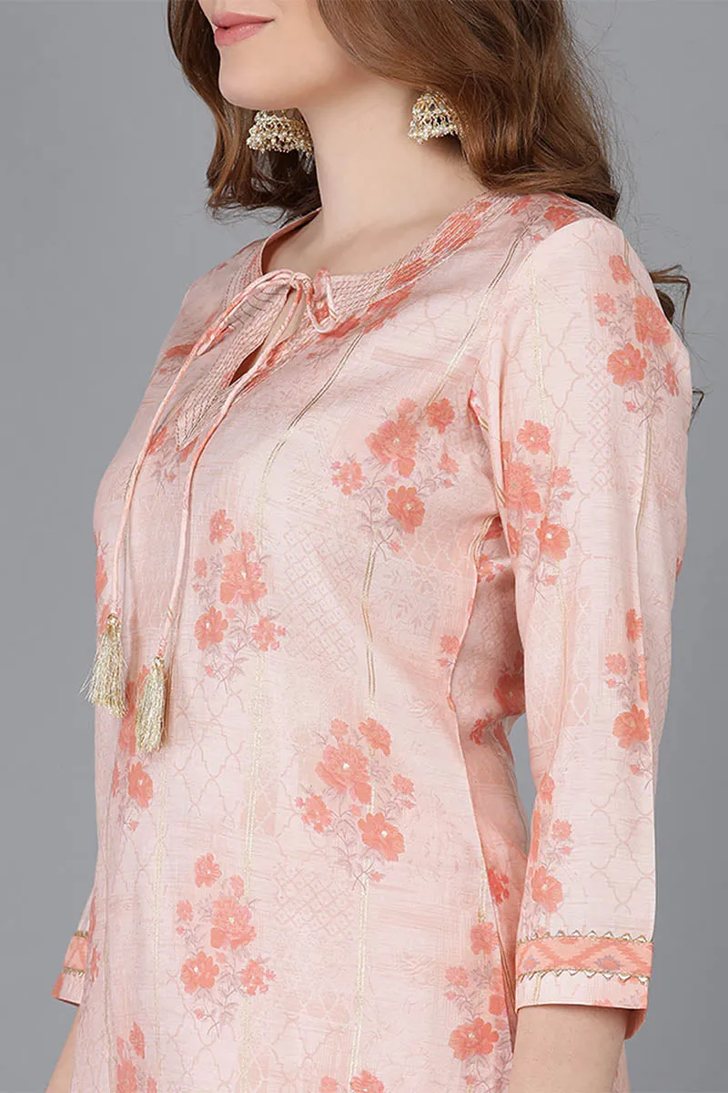 Peach Poly Silk Straight Kurta Pant With Dupatta
