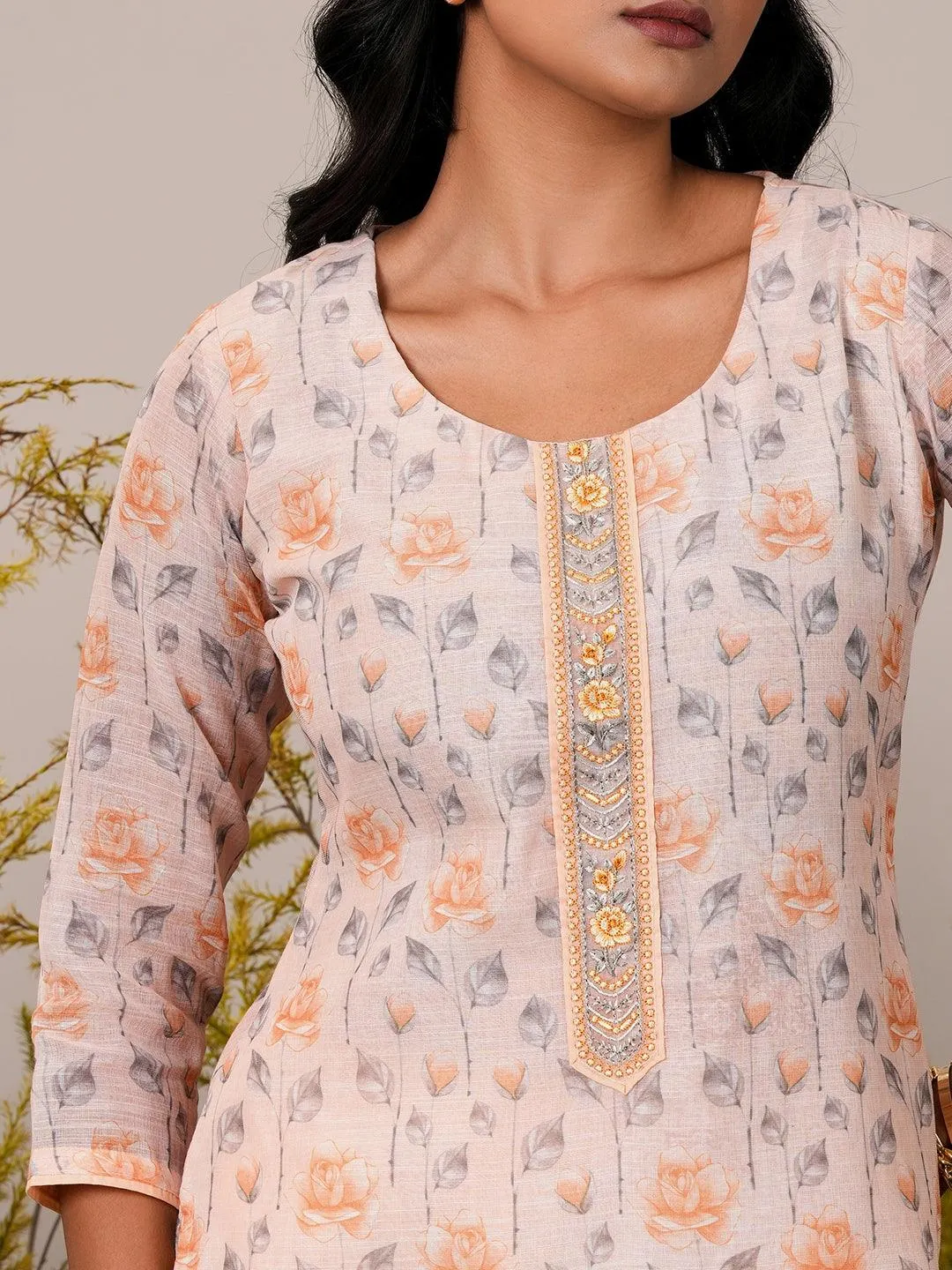 Peach Printed Linen Straight Suit With Dupatta