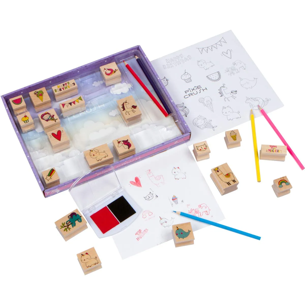 PixieCrush Wooden Stamp and Sticker Activities with Unicorns, Llamas, Kitty Cats, Puppies