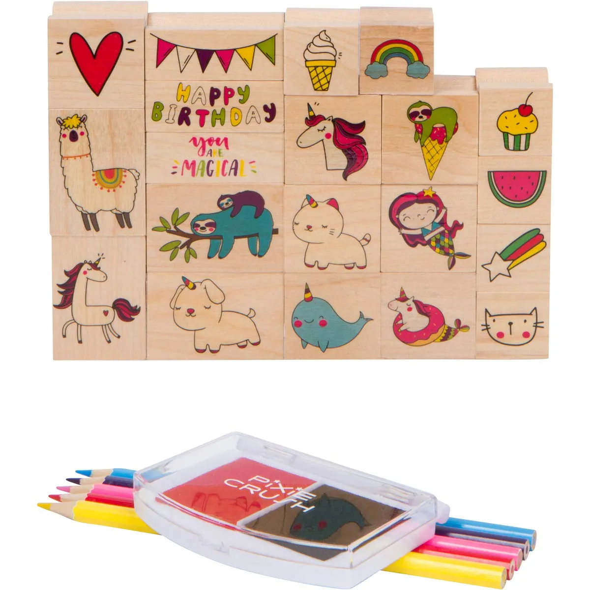 PixieCrush Wooden Stamp and Sticker Activities with Unicorns, Llamas, Kitty Cats, Puppies
