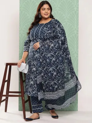 Plus Size Blue Floral Printed Pure Cotton Kurta With Trousers & With Dupatta