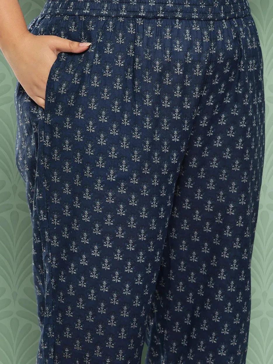 Plus Size Blue Floral Printed Pure Cotton Kurta With Trousers & With Dupatta