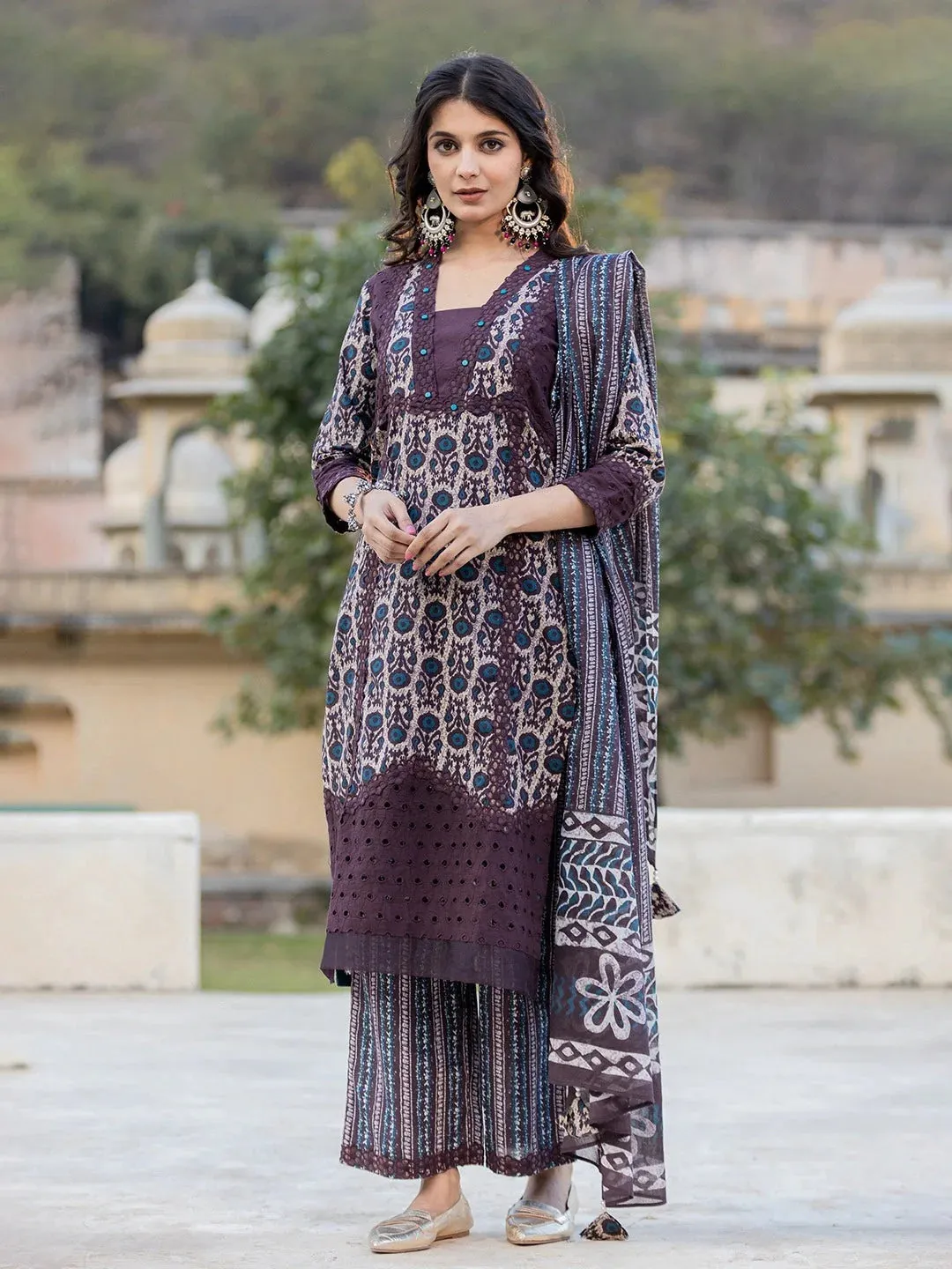 Purple Printed Kurta Dupatta Set