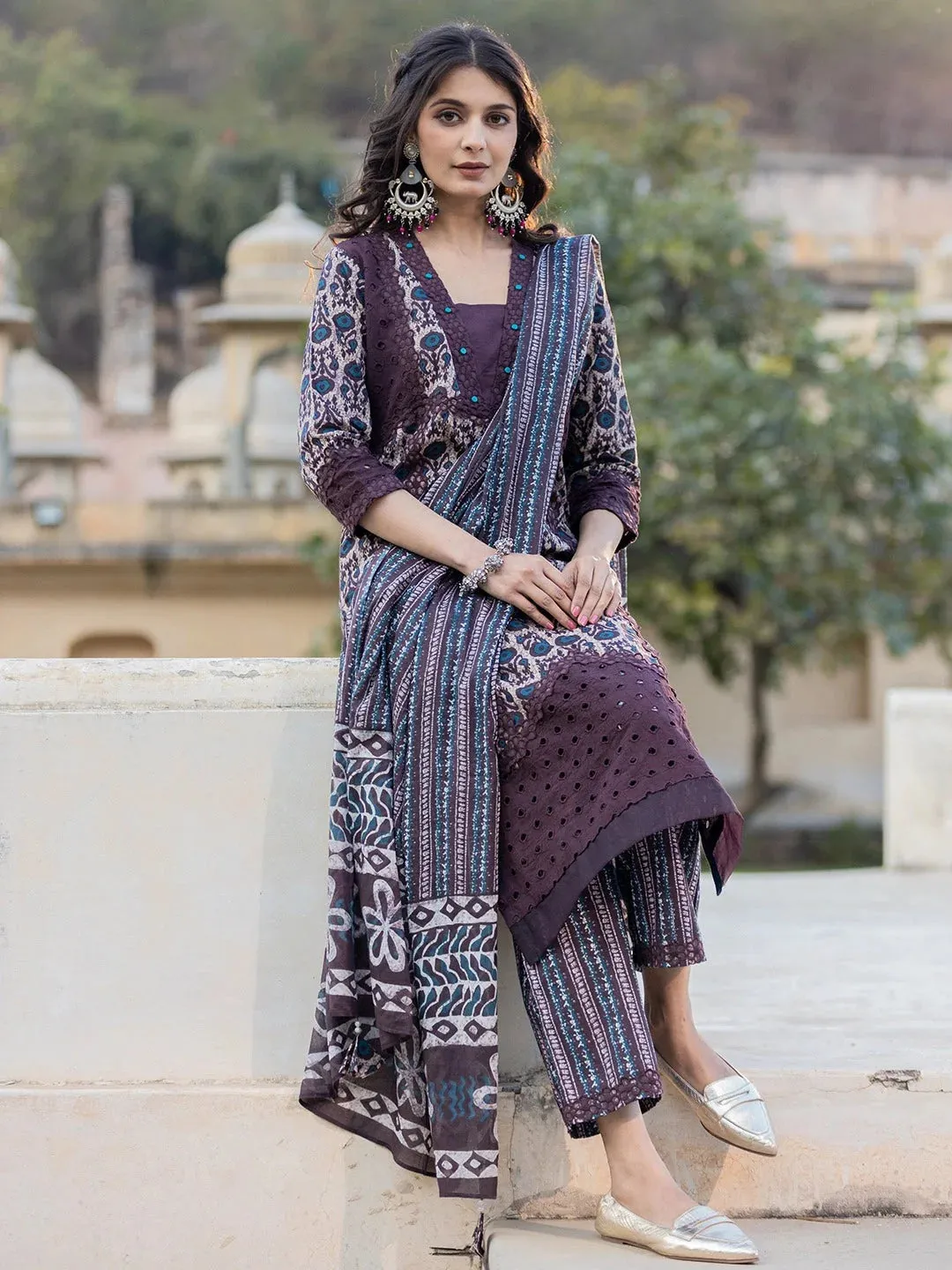 Purple Printed Kurta Dupatta Set