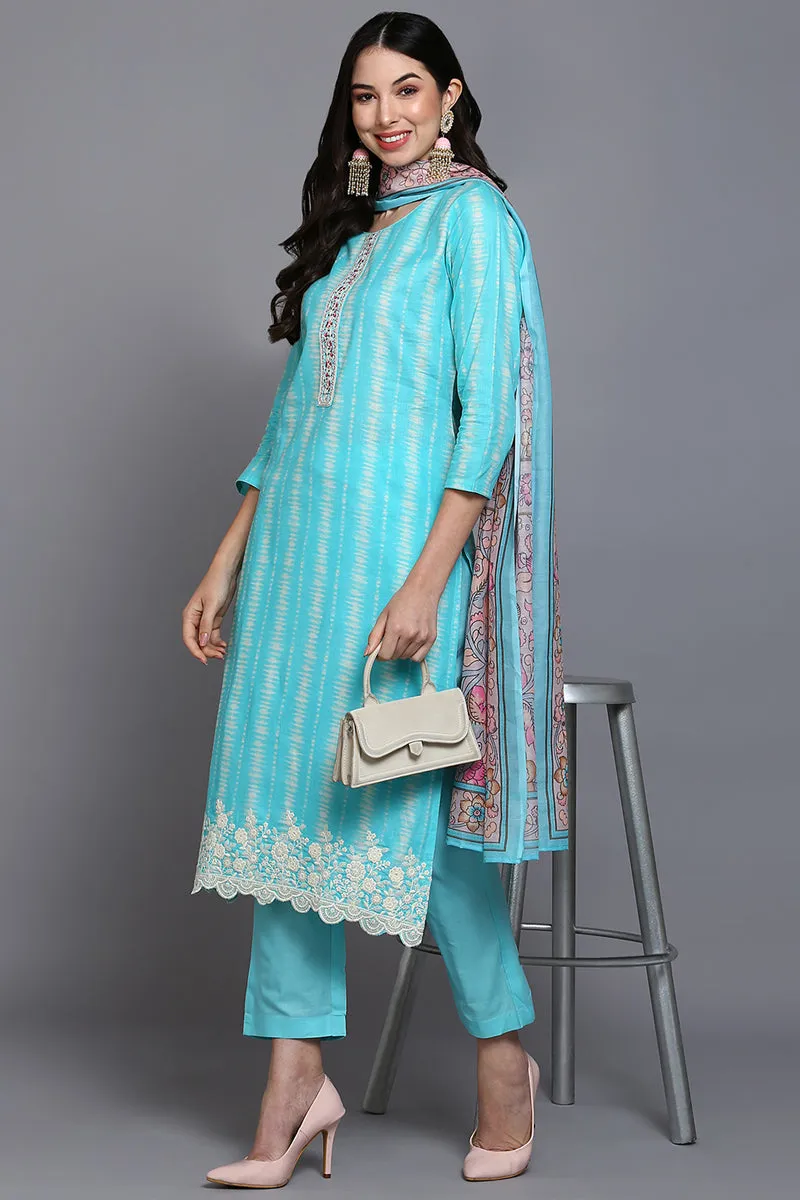 Rayon Turquoise Blue Printed Straight Kurta Pant With Dupatta