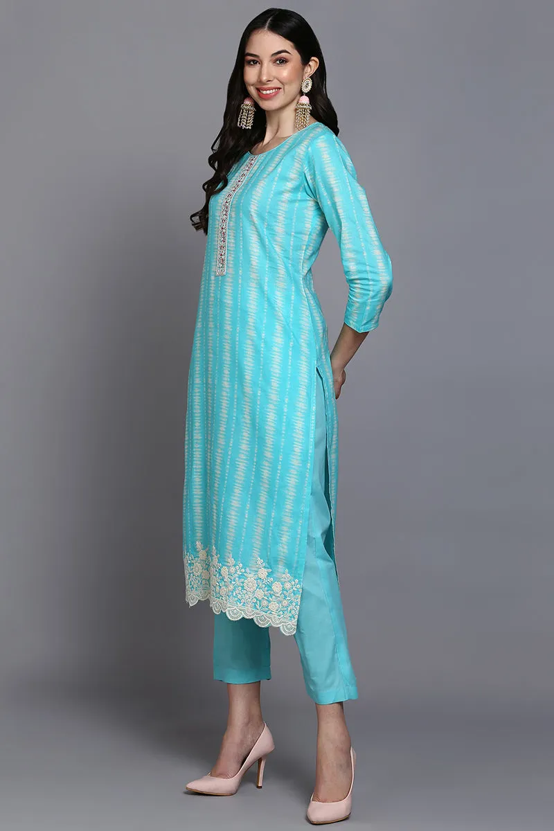 Rayon Turquoise Blue Printed Straight Kurta Pant With Dupatta