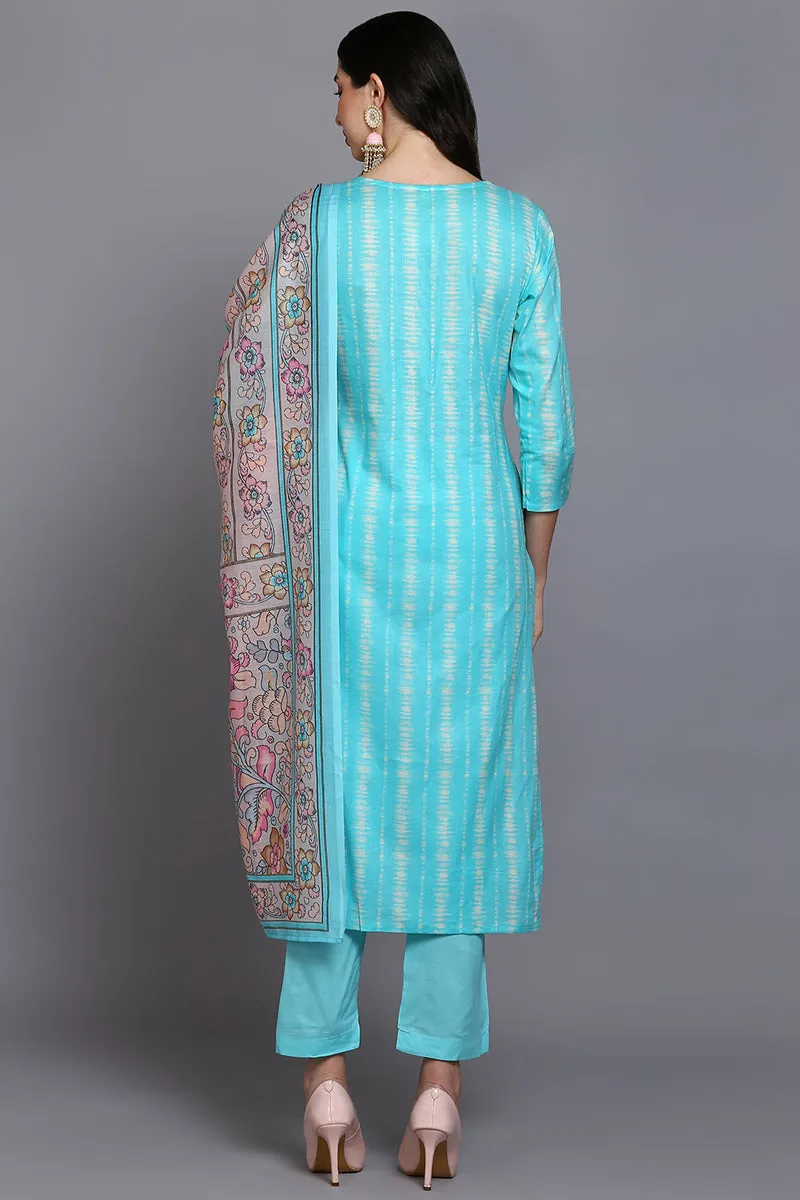 Rayon Turquoise Blue Printed Straight Kurta Pant With Dupatta