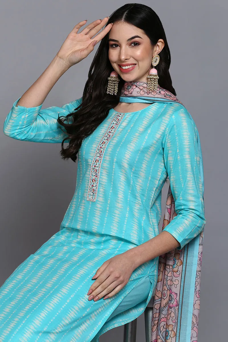 Rayon Turquoise Blue Printed Straight Kurta Pant With Dupatta