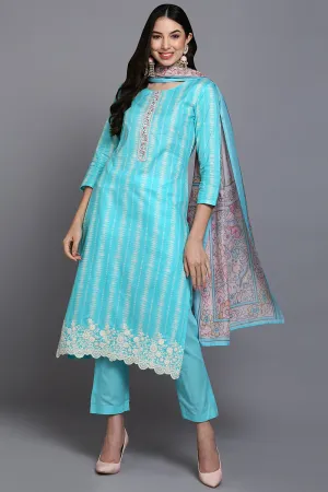 Rayon Turquoise Blue Printed Straight Kurta Pant With Dupatta