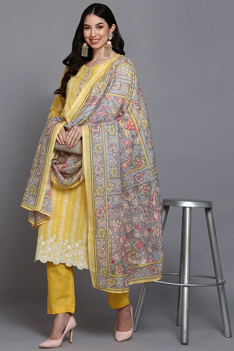 Rayon Yellow Printed Straight Kurta Pant With Dupatta