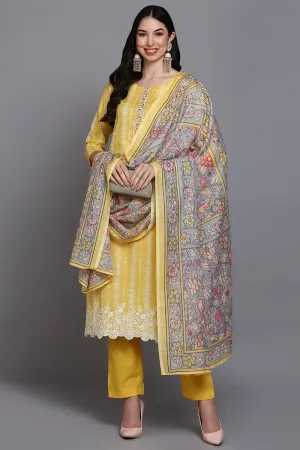 Rayon Yellow Printed Straight Kurta Pant With Dupatta