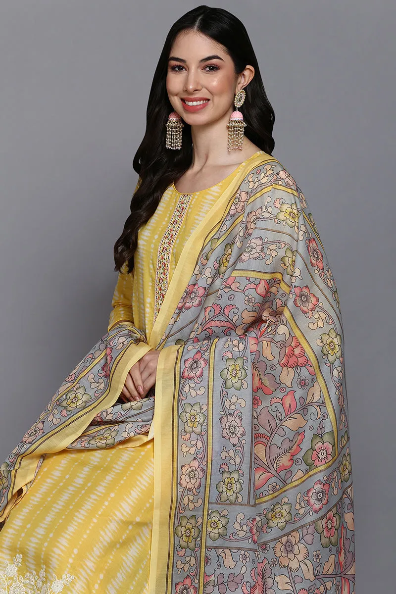 Rayon Yellow Printed Straight Kurta Pant With Dupatta