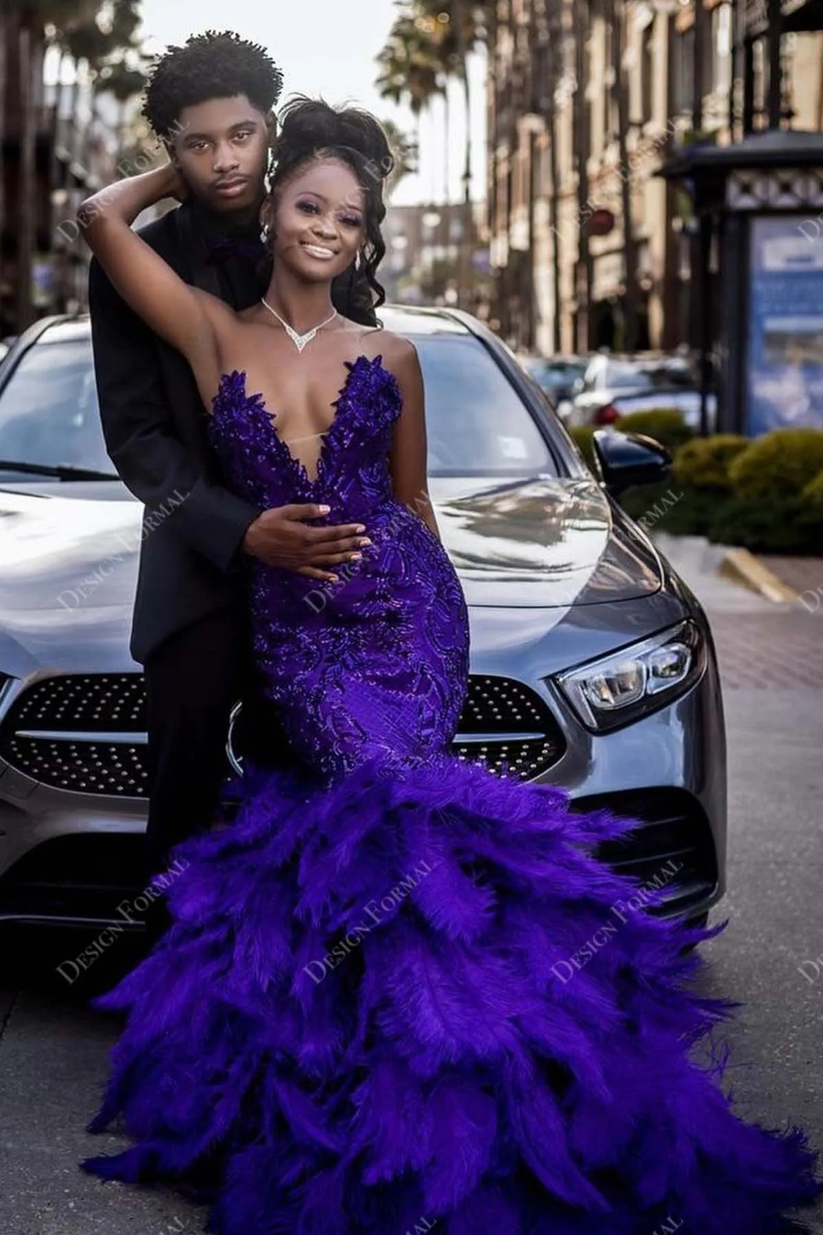 Regency Sequin Feather Strapless Plunge Made to Measure Trumpet Prom Dress