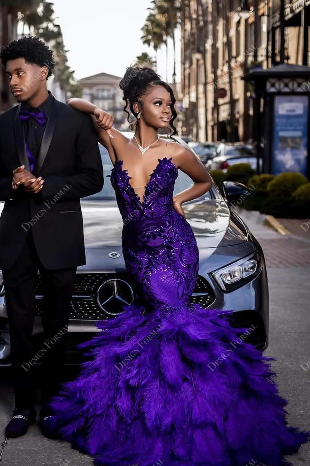 Regency Sequin Feather Strapless Plunge Made to Measure Trumpet Prom Dress
