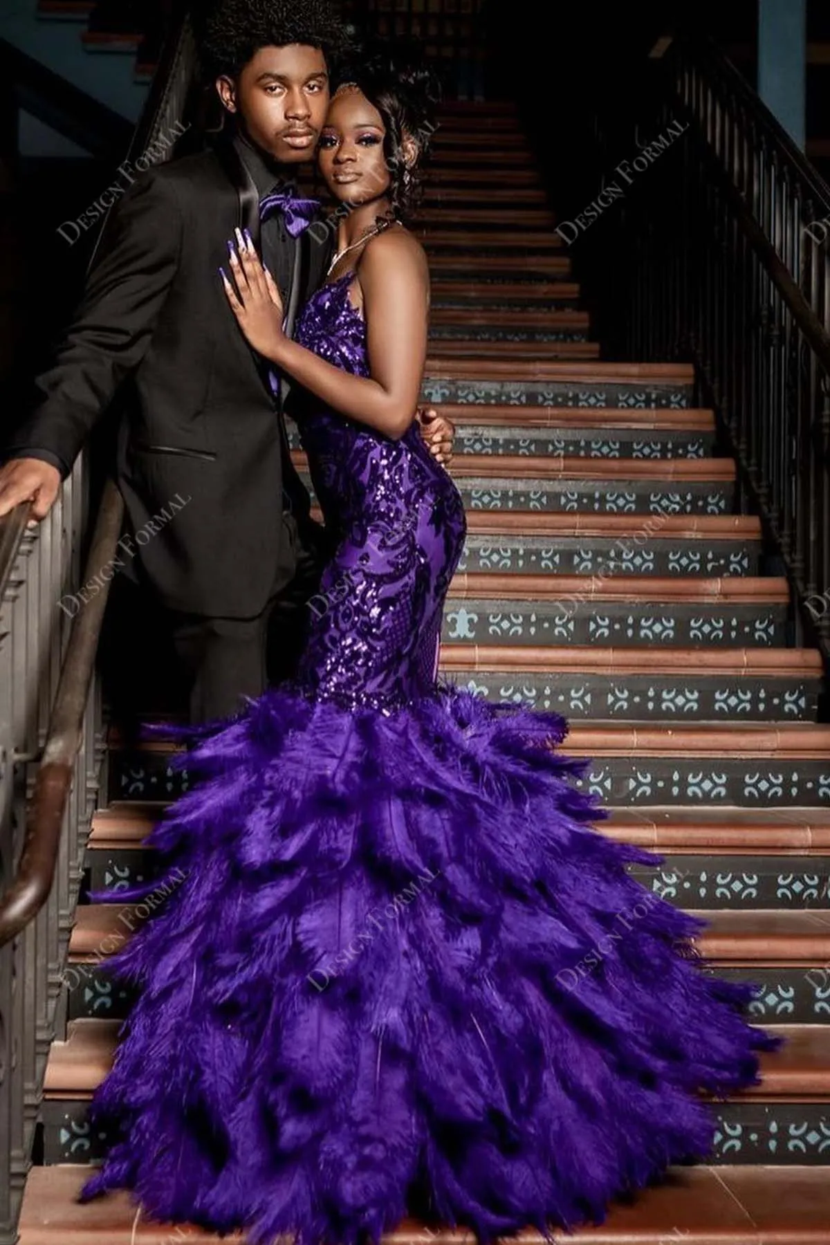 Regency Sequin Feather Strapless Plunge Made to Measure Trumpet Prom Dress