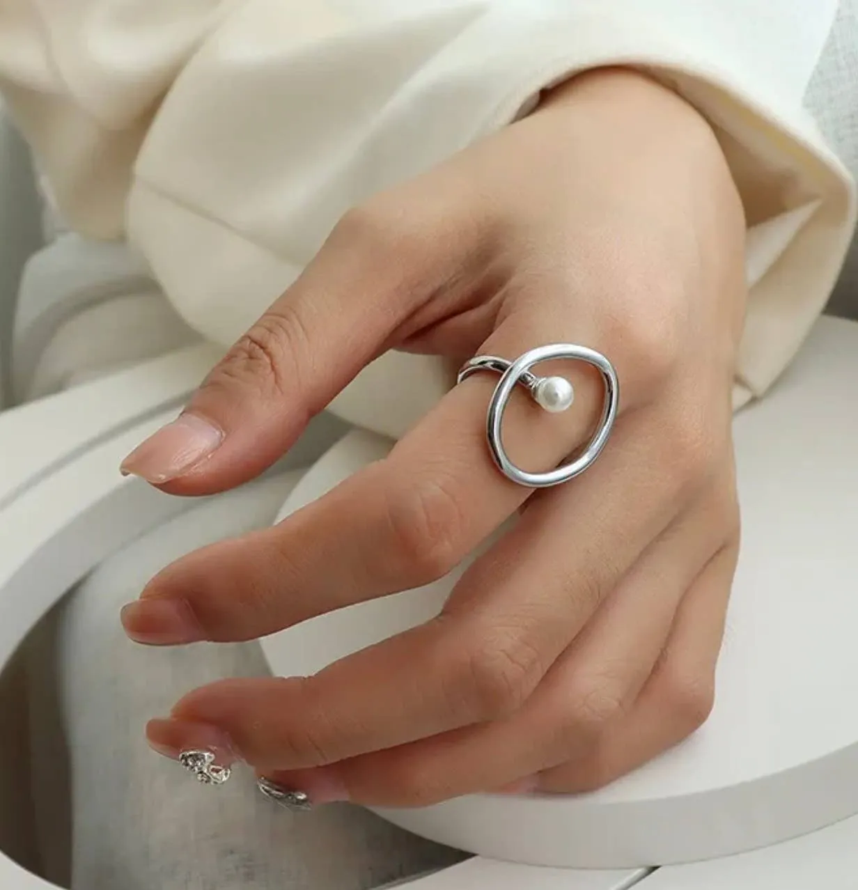Ring- Sculptural Pearl Steel