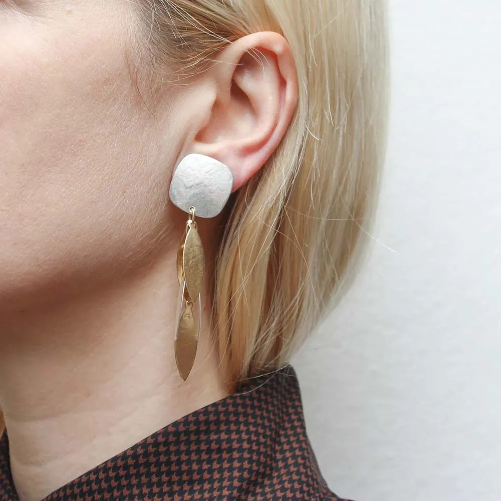 Rounded Square with Long Layered Leaves Clip-On Earring