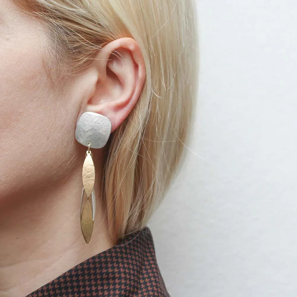 Rounded Square with Long Layered Leaves Clip-On Earring