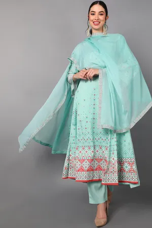 Sea Green Poly Crepe Abstract Print Anarkali Suit Set