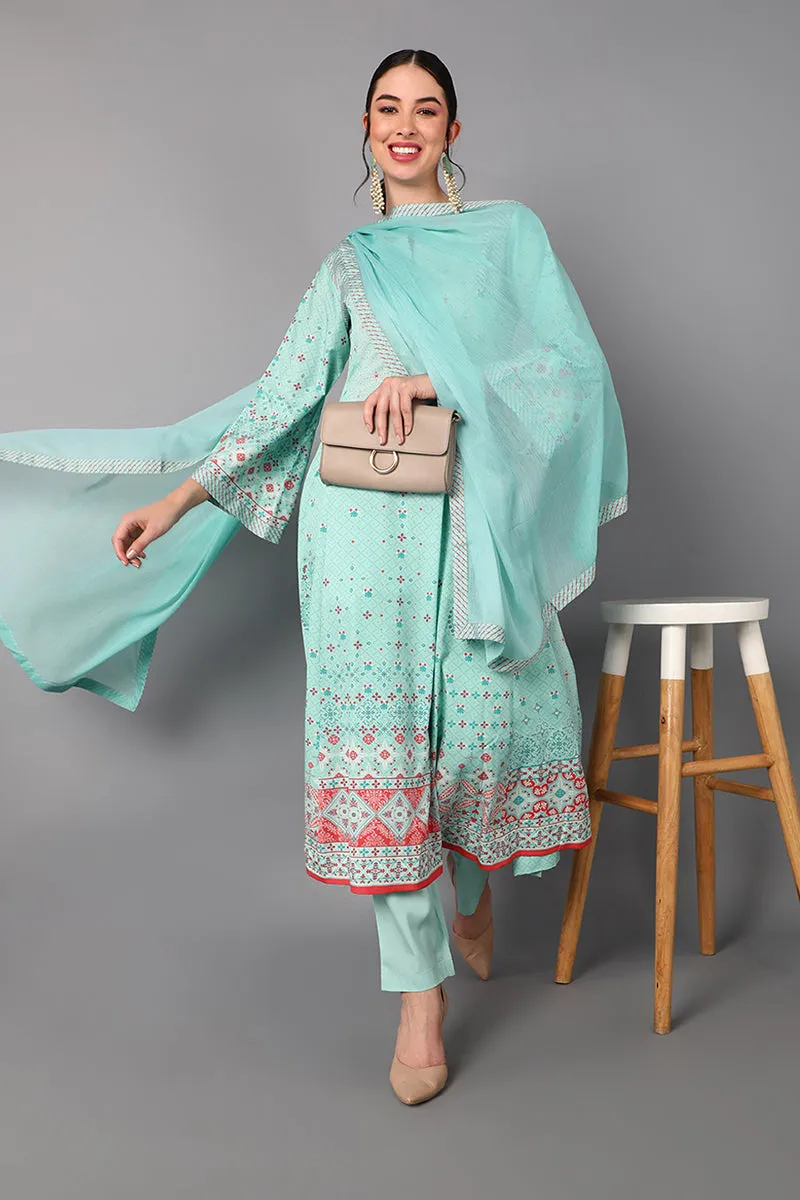 Sea Green Poly Crepe Abstract Print Anarkali Suit Set