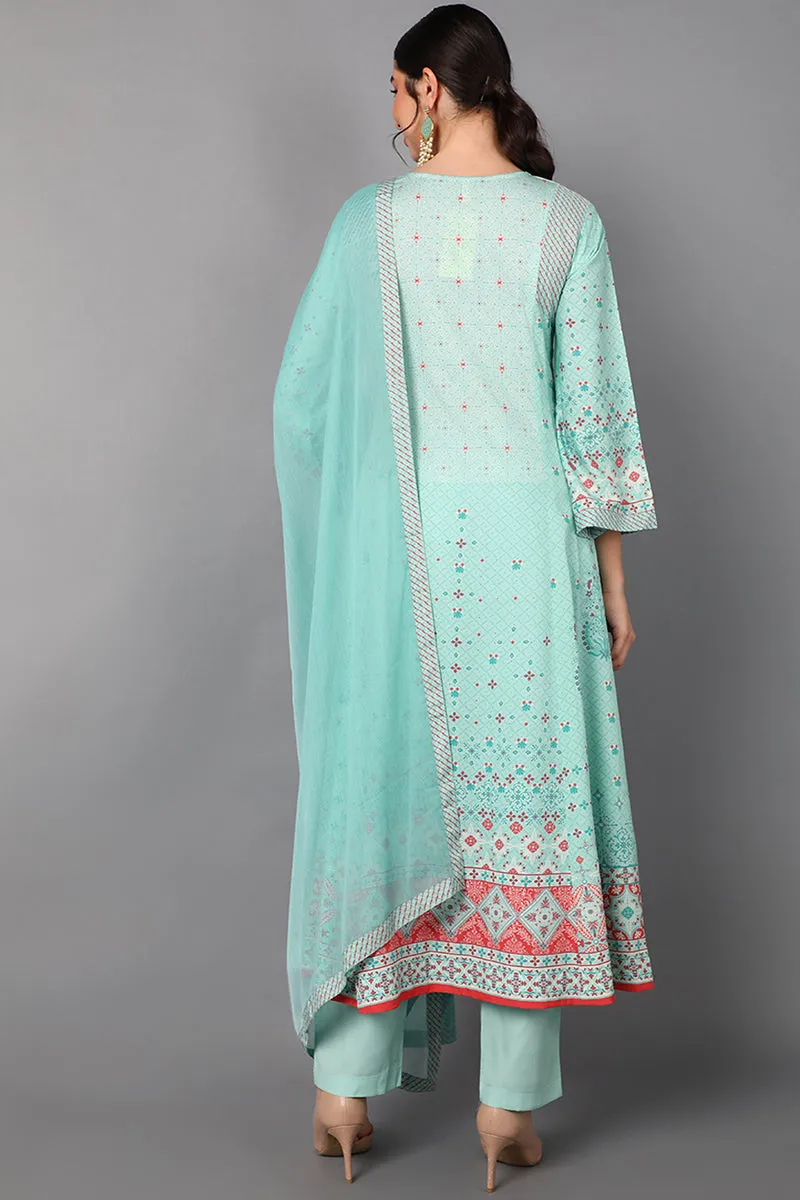 Sea Green Poly Crepe Abstract Print Anarkali Suit Set