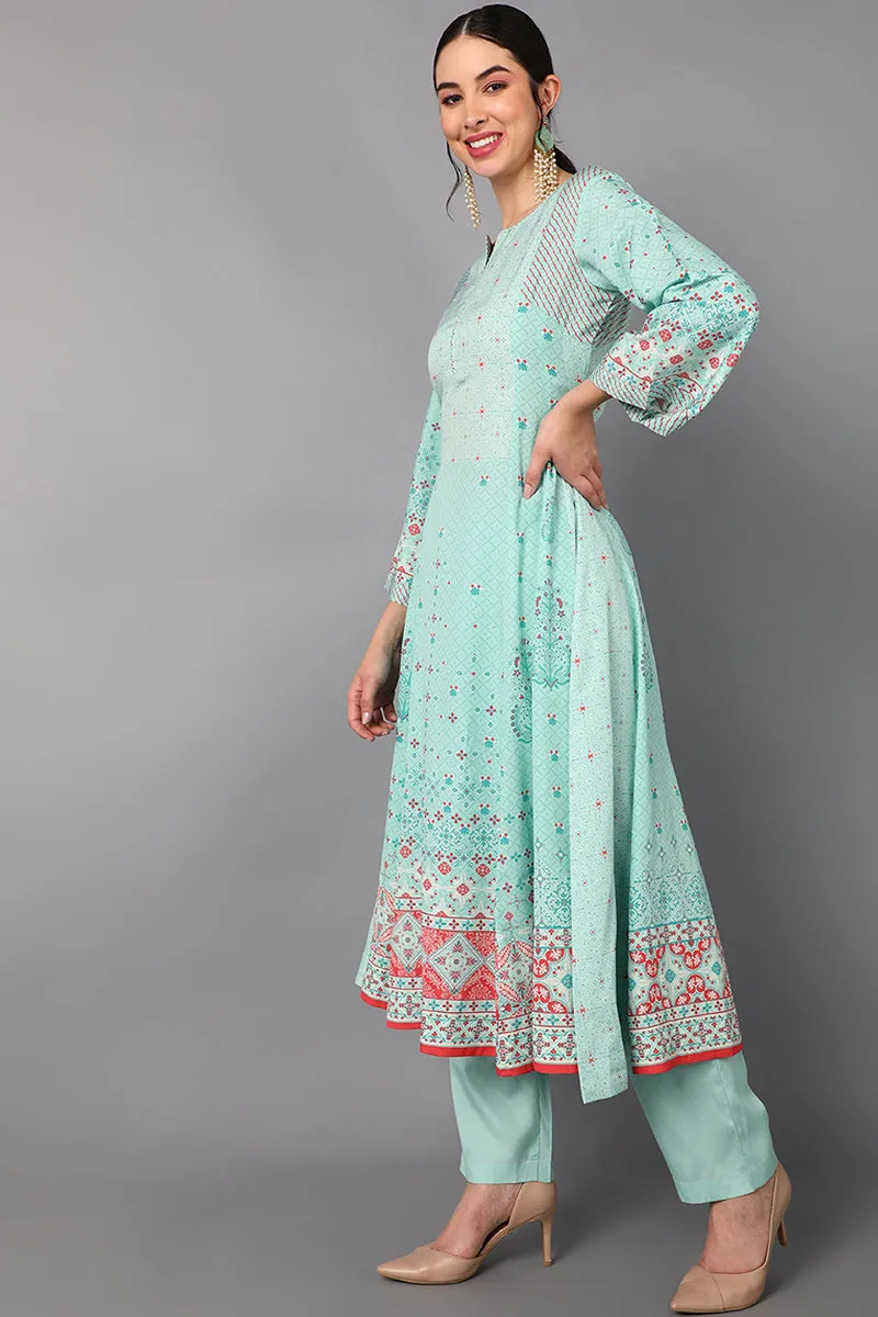 Sea Green Poly Crepe Abstract Print Anarkali Suit Set