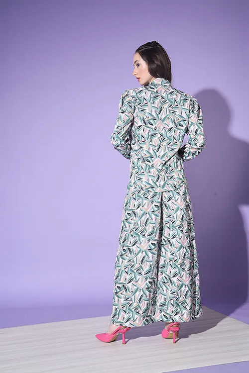 Sea Green Printed Shirt With Trouser Co-Ord Set