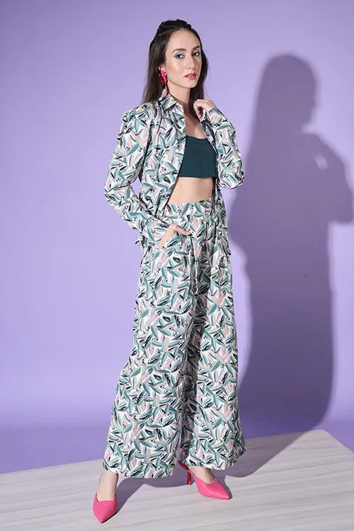 Sea Green Printed Shirt With Trouser Co-Ord Set