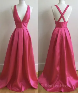 Simple V Neck Pleated Satin Long Prom Dresses V Neck Evening Dresses Formal Dresses Graduation Dresses