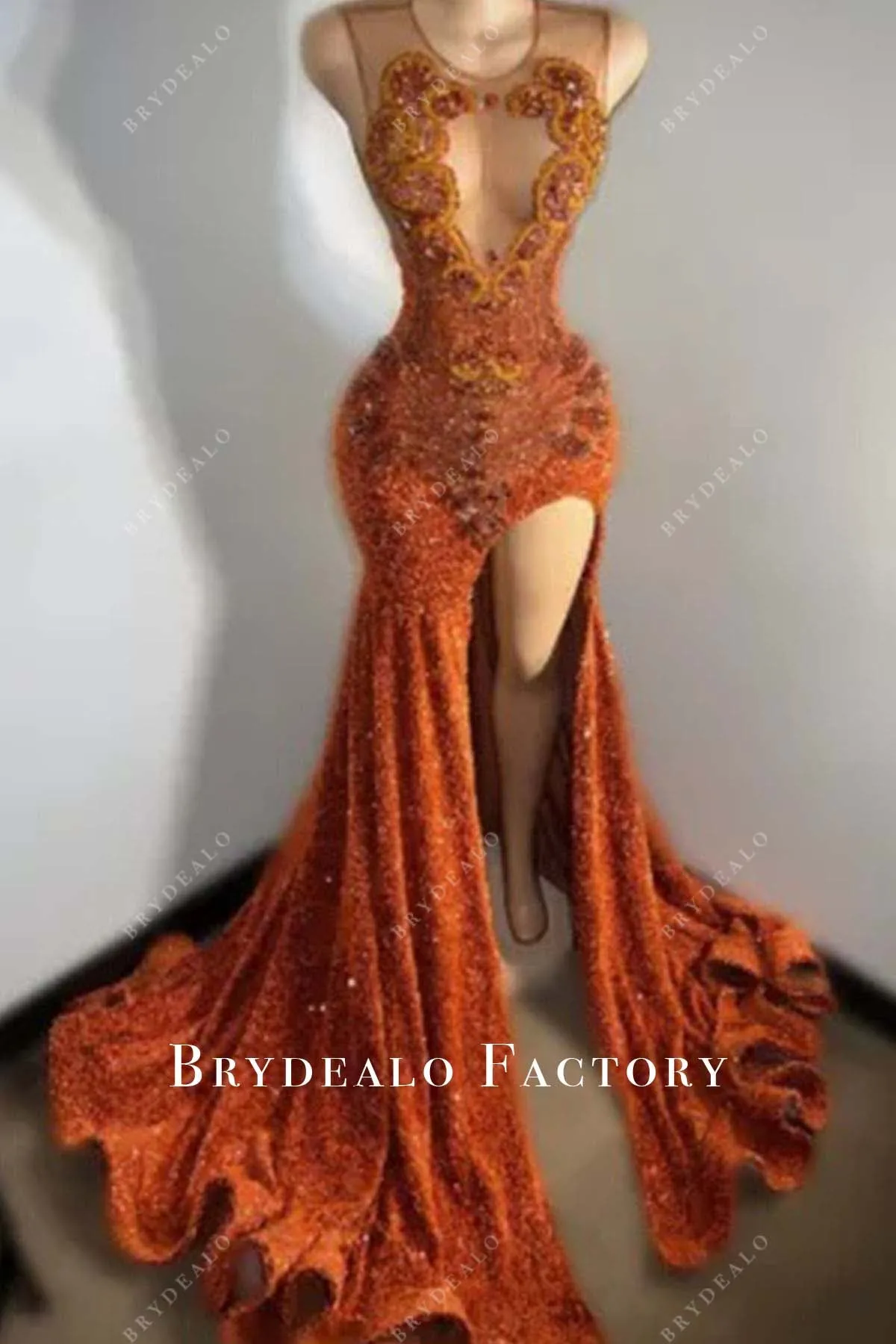 Sparkly Rhinestones Sequin Orange Thigh Slit Trumpet Prom Dress