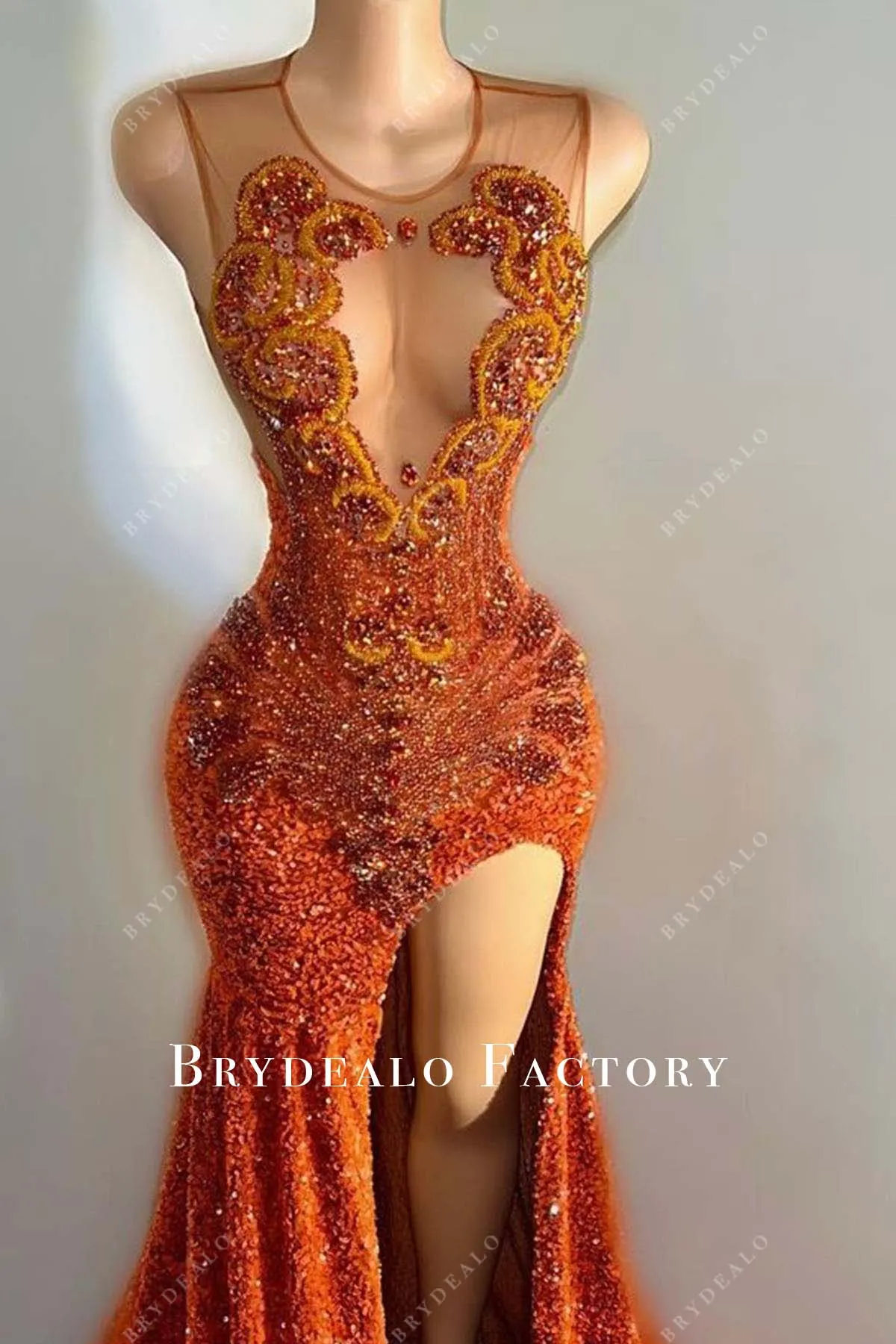 Sparkly Rhinestones Sequin Orange Thigh Slit Trumpet Prom Dress