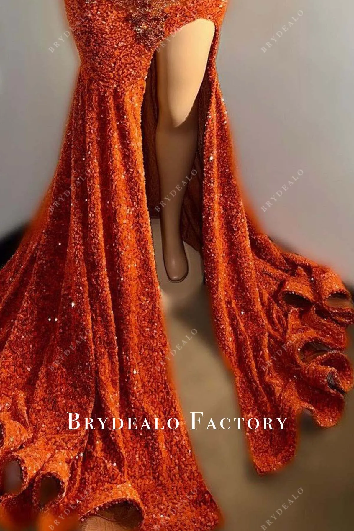 Sparkly Rhinestones Sequin Orange Thigh Slit Trumpet Prom Dress