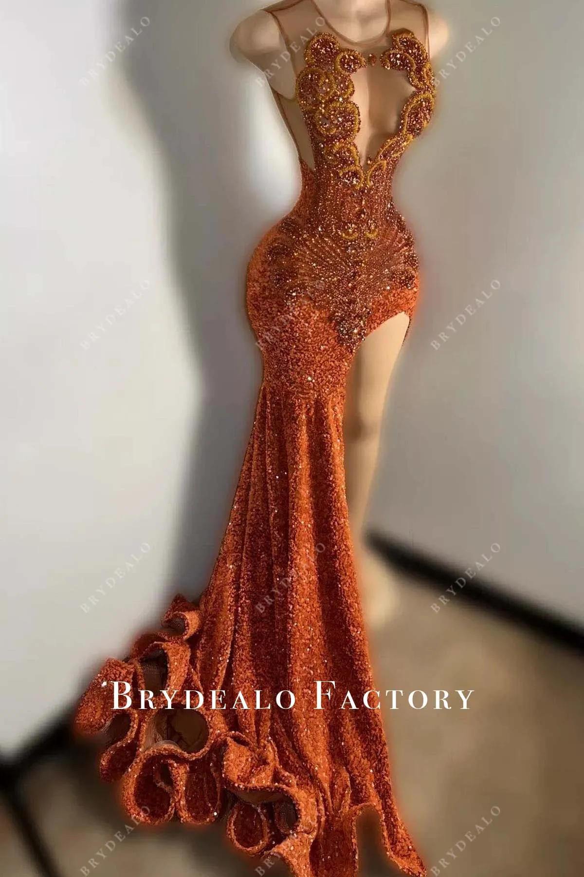 Sparkly Rhinestones Sequin Orange Thigh Slit Trumpet Prom Dress