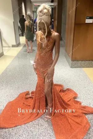Sparkly Rhinestones Sequin Orange Thigh Slit Trumpet Prom Dress