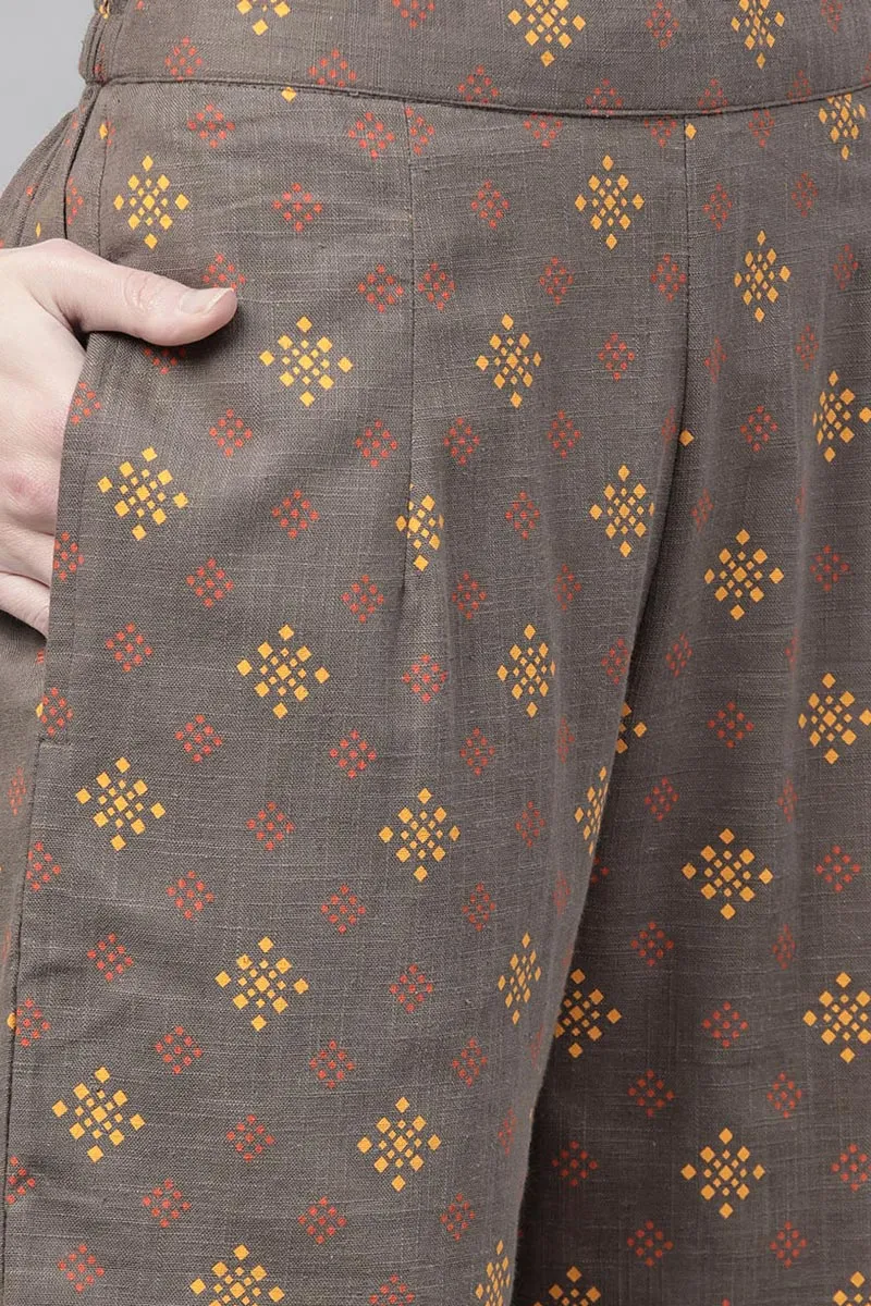 Taupe Cotton Abstract Print Kurta Set