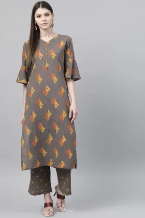 Taupe Cotton Abstract Print Kurta Set